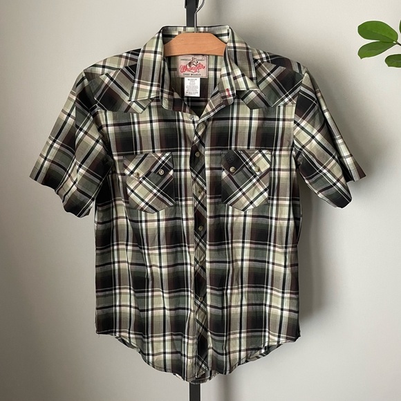 Vintage Wrangler Plaid Short Sleeve Casual Button Down Shirt Snap Buttons Mens - Picture 1 of 6